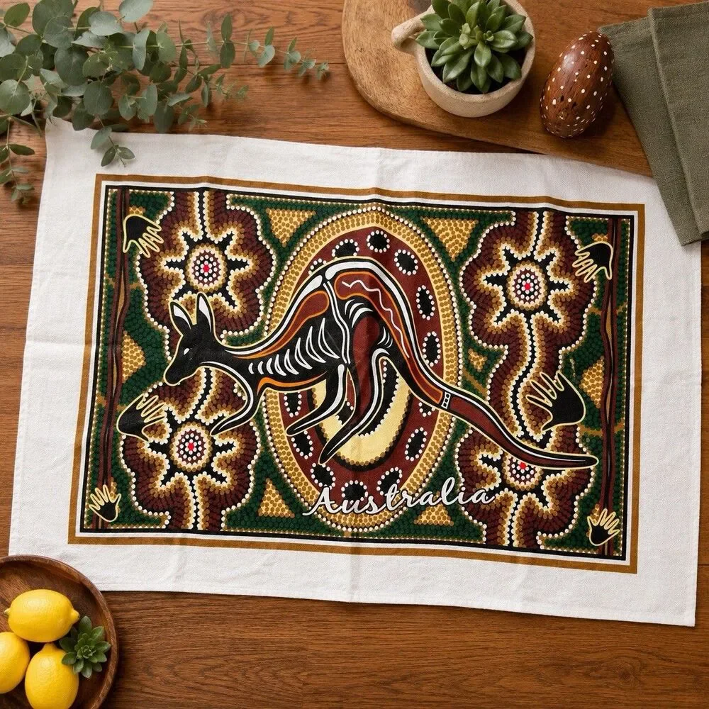 Australia Kangaroo Dot Art Cotton Tea Towel Aboriginal Style Souvenir 30x19.5